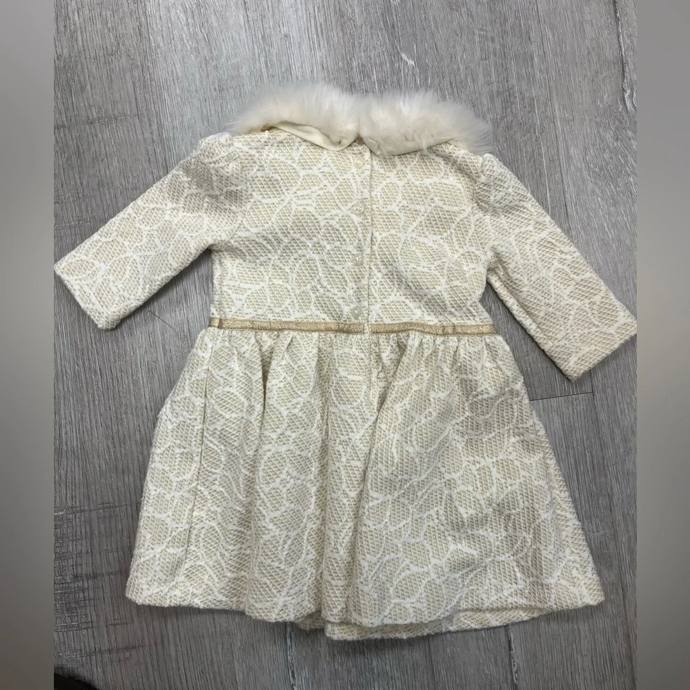 Janie and Jack Cream Jacquard Dress with Faux Fur Trim girls 12-18m